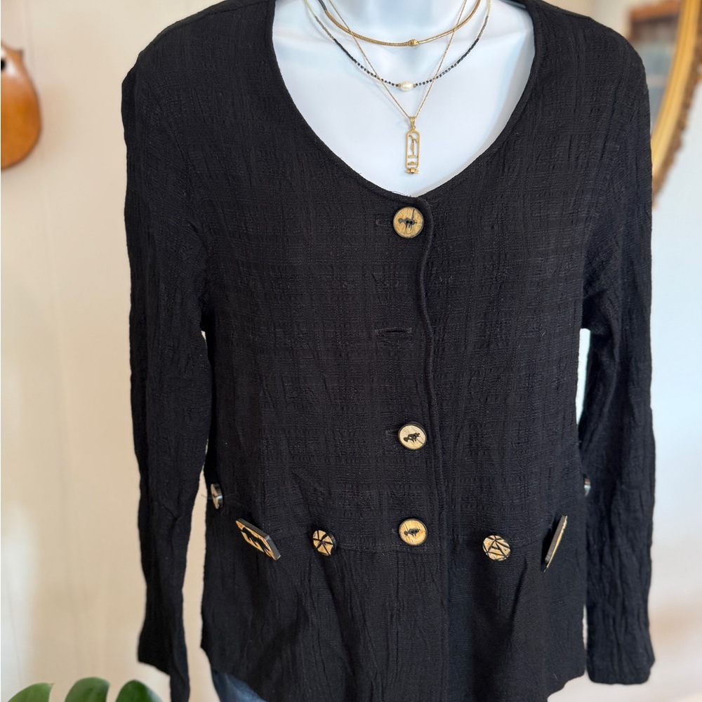 🌞Earth Song - Black Button-Down Cardigan with Wooden Buttons, #2